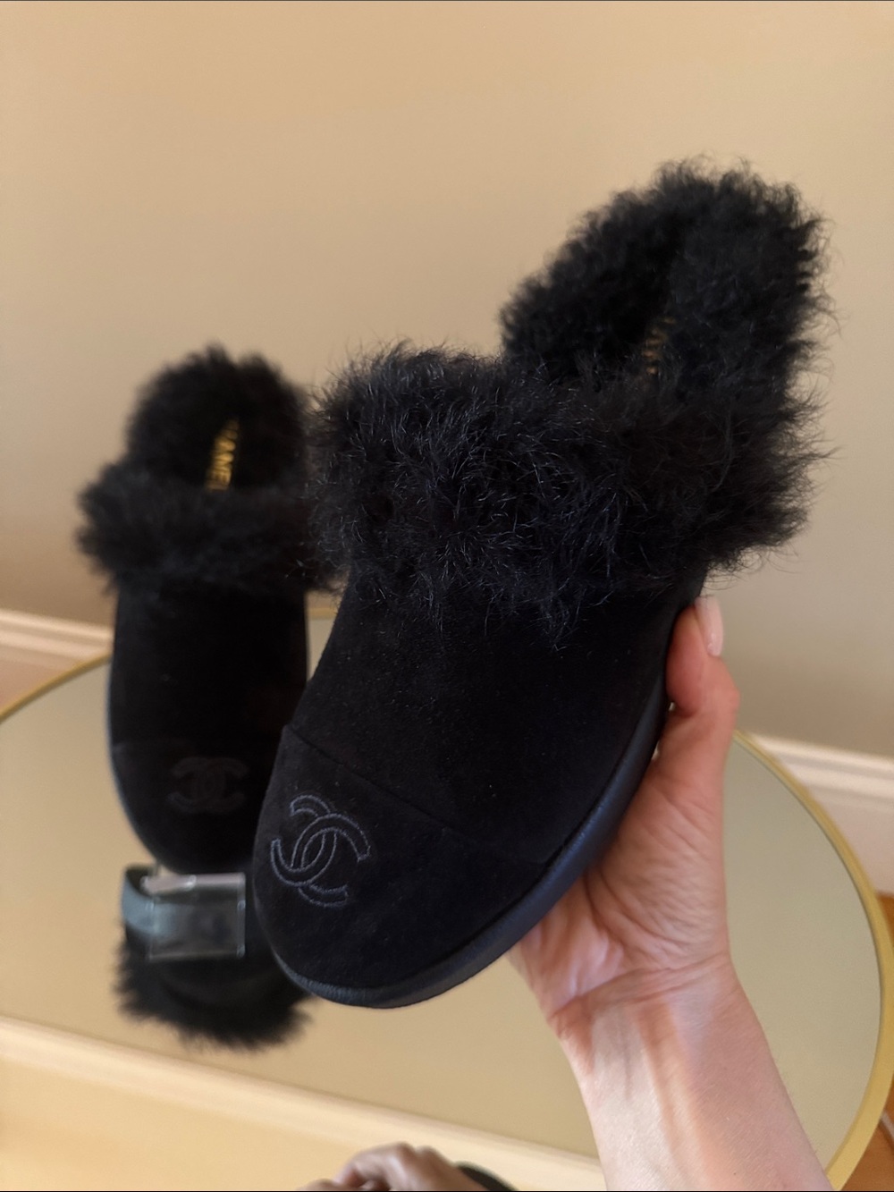 Chanel Black Suede Real Fur Shearling Clogs Mules Sz 40